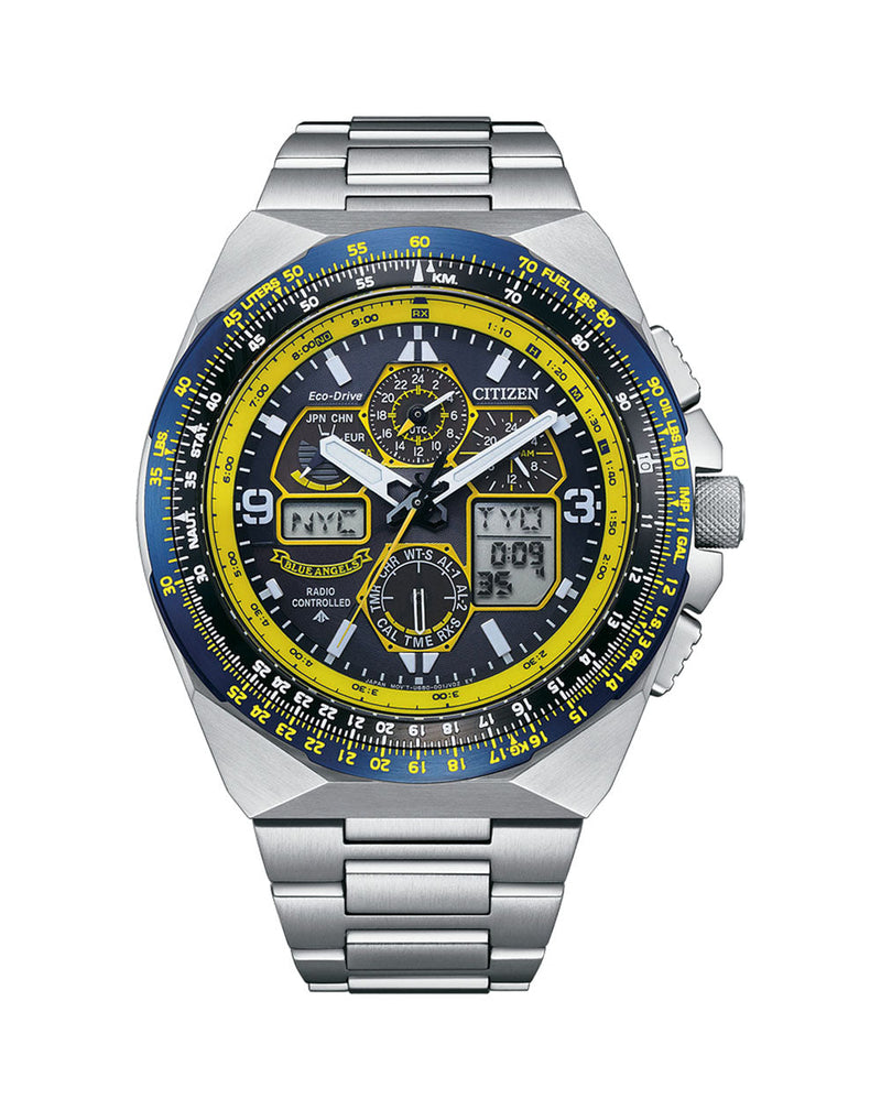 Stainless steel wristwatch with a complex blue and yellow dial featuring multiple subdials and digital displays.