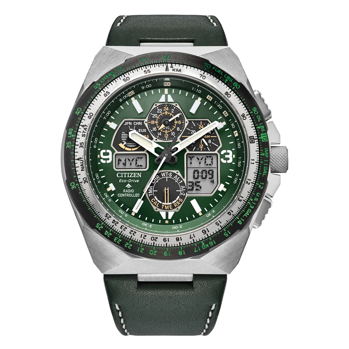 Citizen Promaster Skyhawk JY8147-01X green dial green leather front view