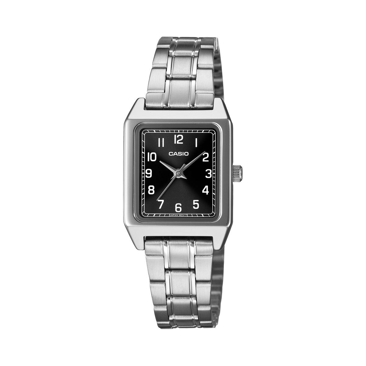 Casio LTP-B150DA-1B women's watch with a black dial and Roman numerals on a stainless steel band, front view