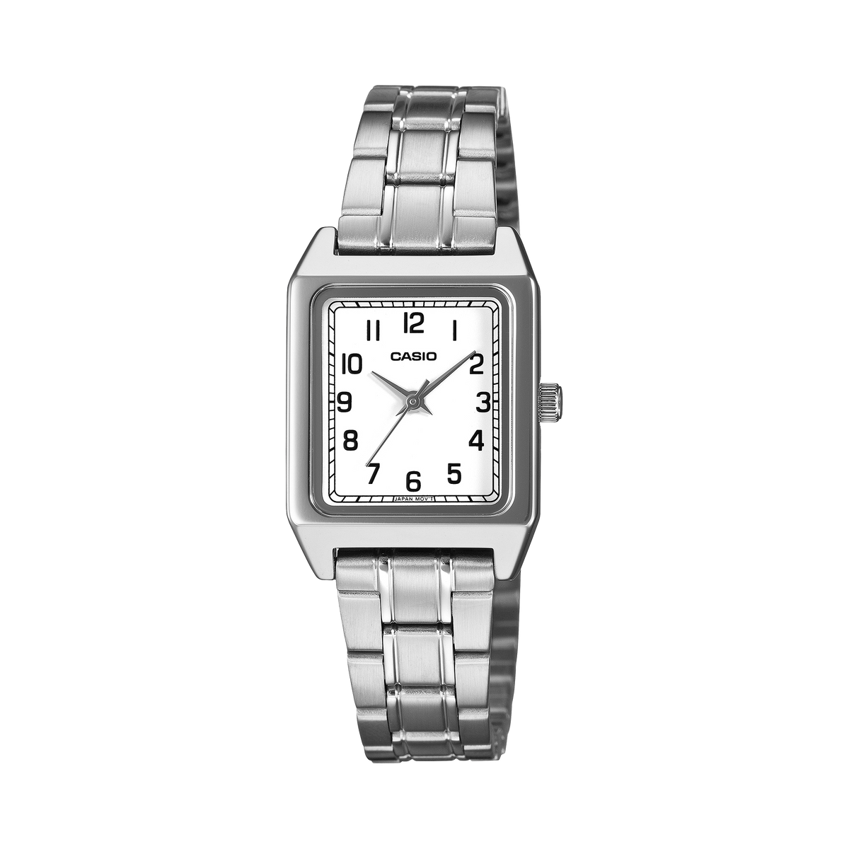 Casio LTP-B150DA-7B women's watch with a white dial and Roman numerals on a stainless steel band, front view