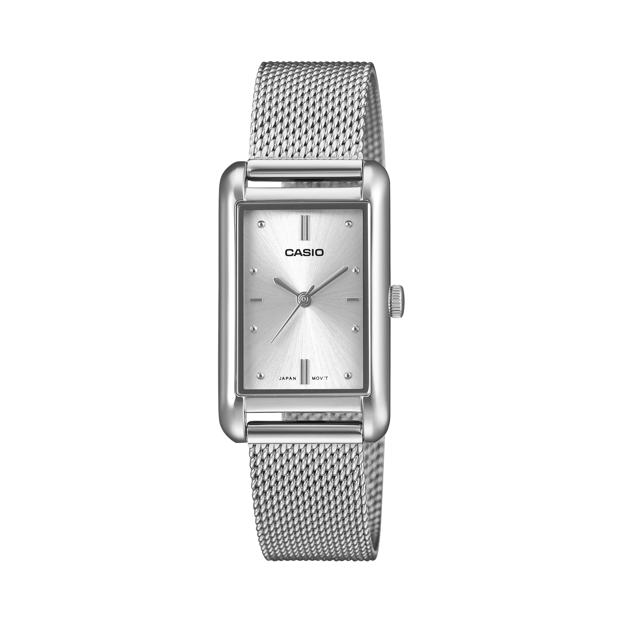 Casio LTPB171M-7A silver dial rectangular watch on a stainless steel mesh band
