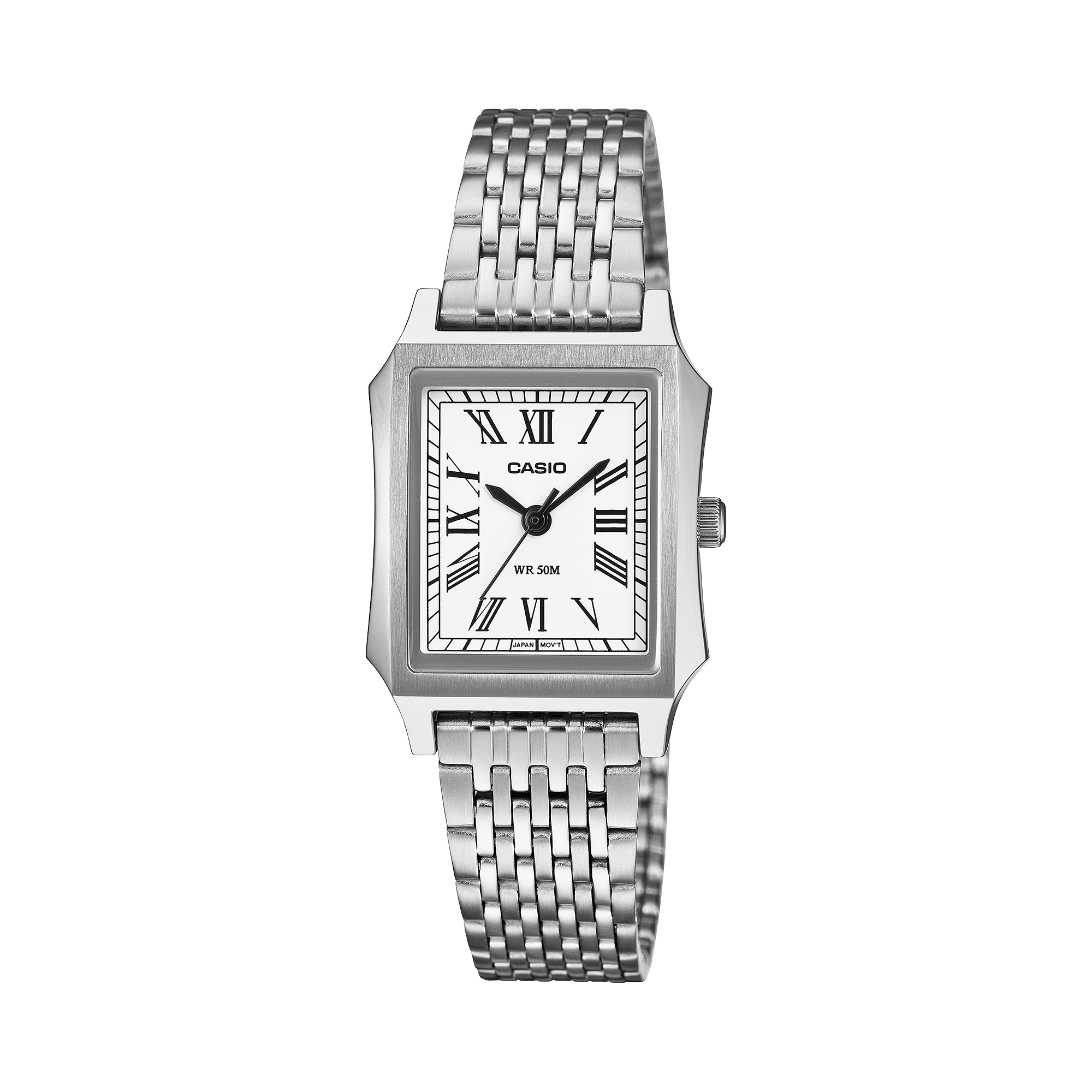 Casio LTP-B190D-7B white Roman numeral dial on a stainless steel bracelet, shown straight on.