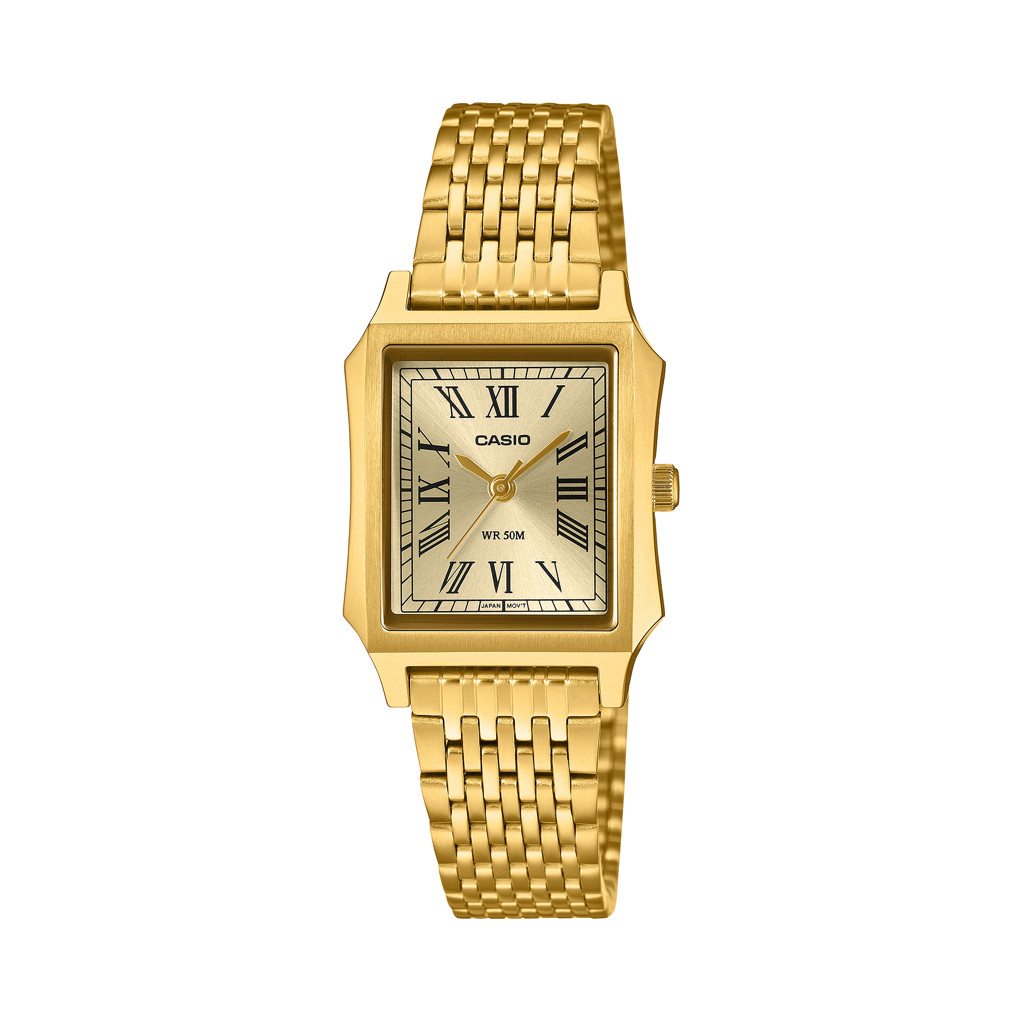 Casio LTP-B190G-9B gold-tone Roman numeral dial on a gold ion-plated bracelet, shown straight on.