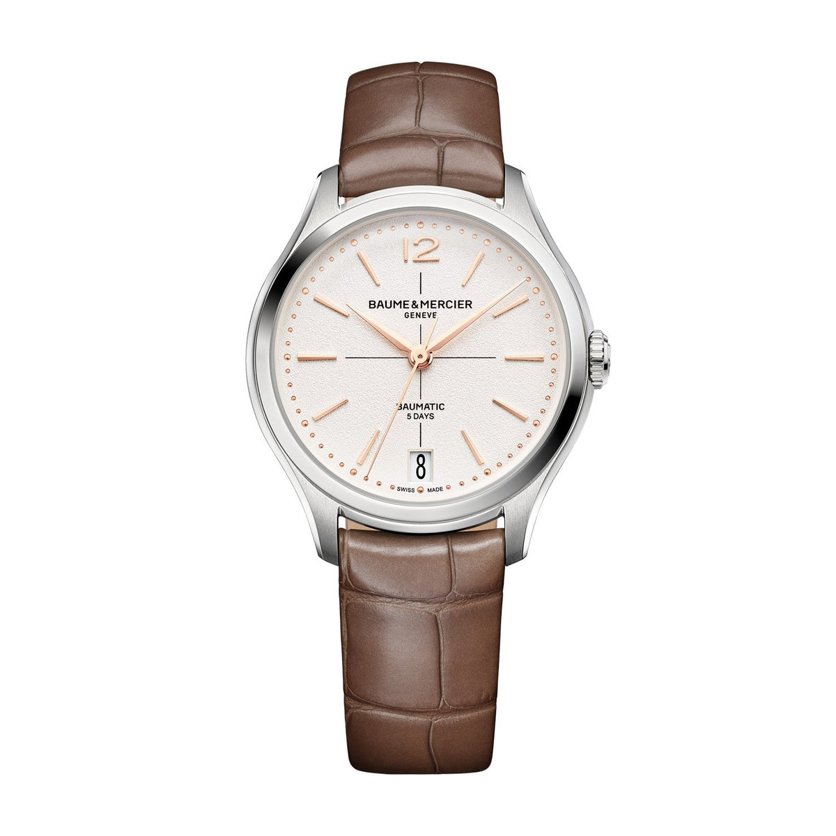 Baume & Mercier Clifton 34mm Silver Dial Brown Leather Automatic Watch M0A10831 front packshot