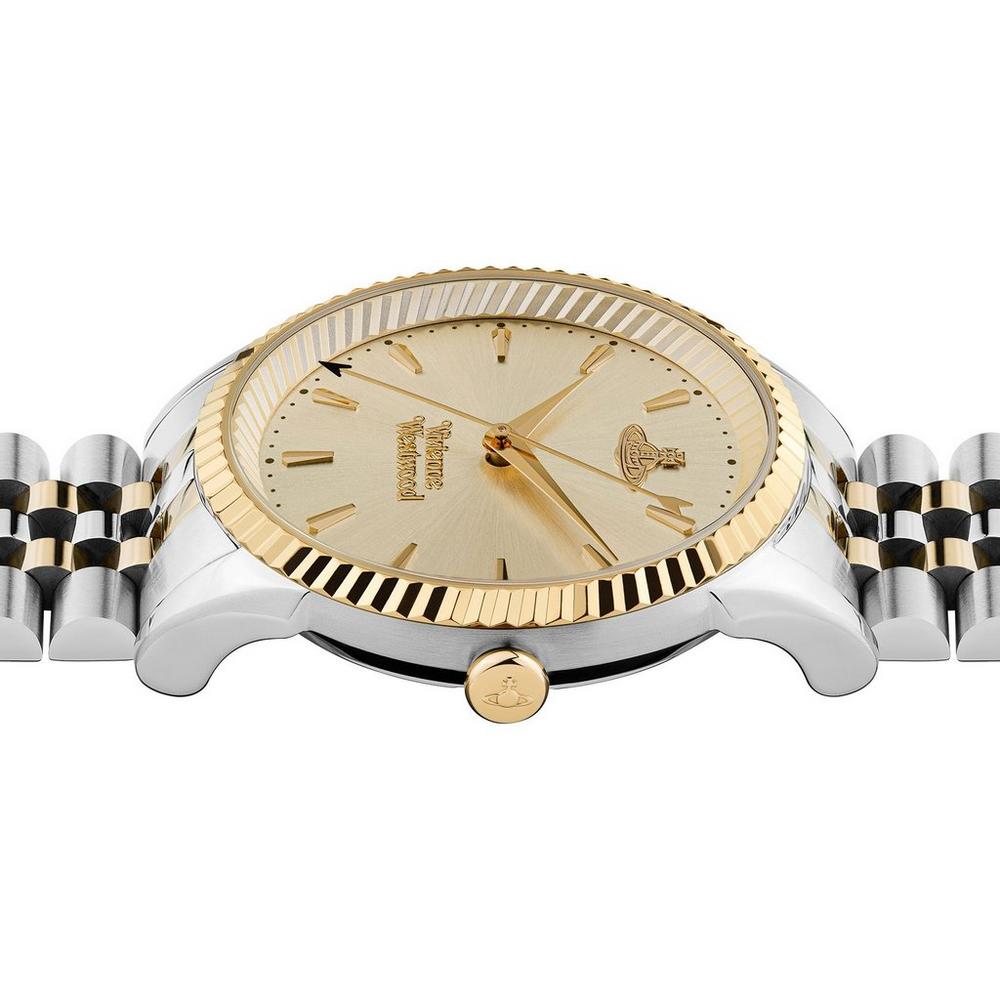 Vivienne Westwood Seymour women's watch with a champagne dial and two tone stainless steel bracelet. Shown at an angle.