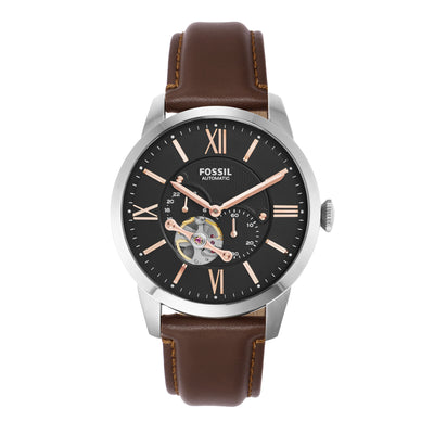 Fossil Townsman Mechanical Watch with Black Dial and Brown Leather Strap ME3061