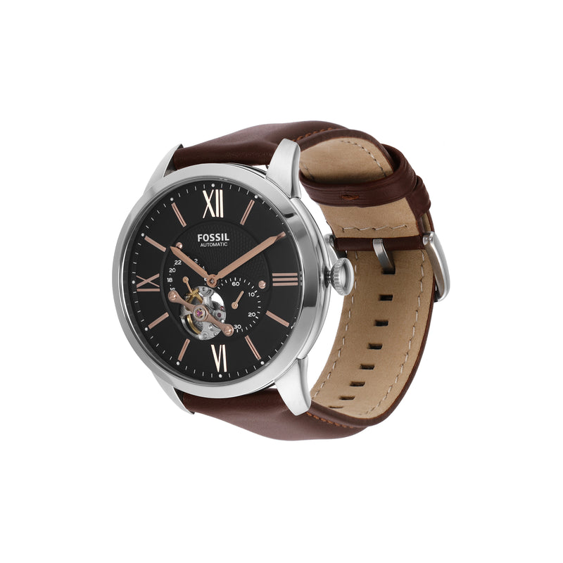 Fossil Townsman Mechanical Watch with Black Dial and Brown Leather Strap ME3061