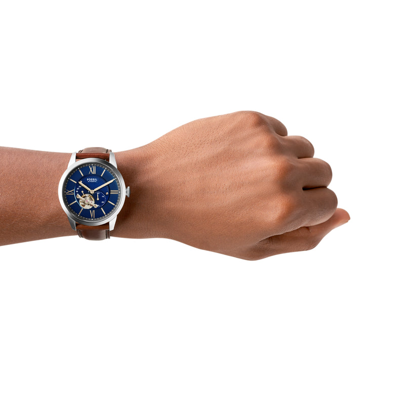 Fossil Townsman 机械表，蓝色表盘，棕色皮革表带，ME3110