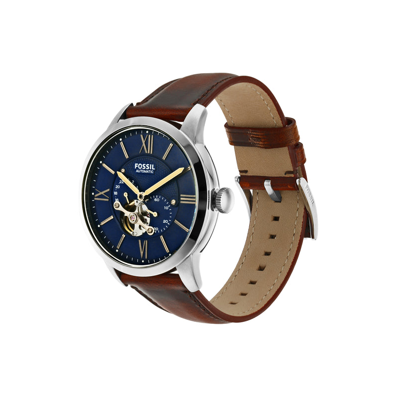 Fossil Townsman 机械表，蓝色表盘，棕色皮革表带，ME3110