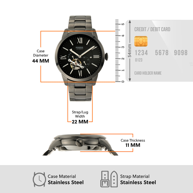 Fossil Townsman 机械黑色表盘和烟熏不锈钢表带 ME3172