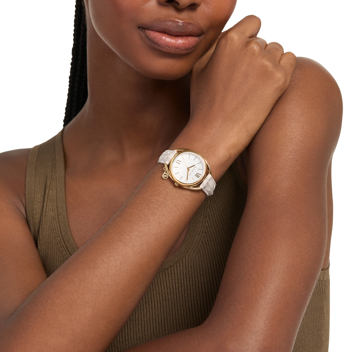 Michael Kors Leia 33mm Gold-Tone White Strap Watch MK7680