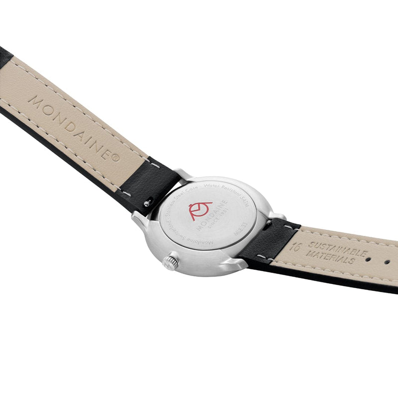 Mondaine Doppio White Dial Black Vegan Grape Leather Watch MLE.33110.LBV