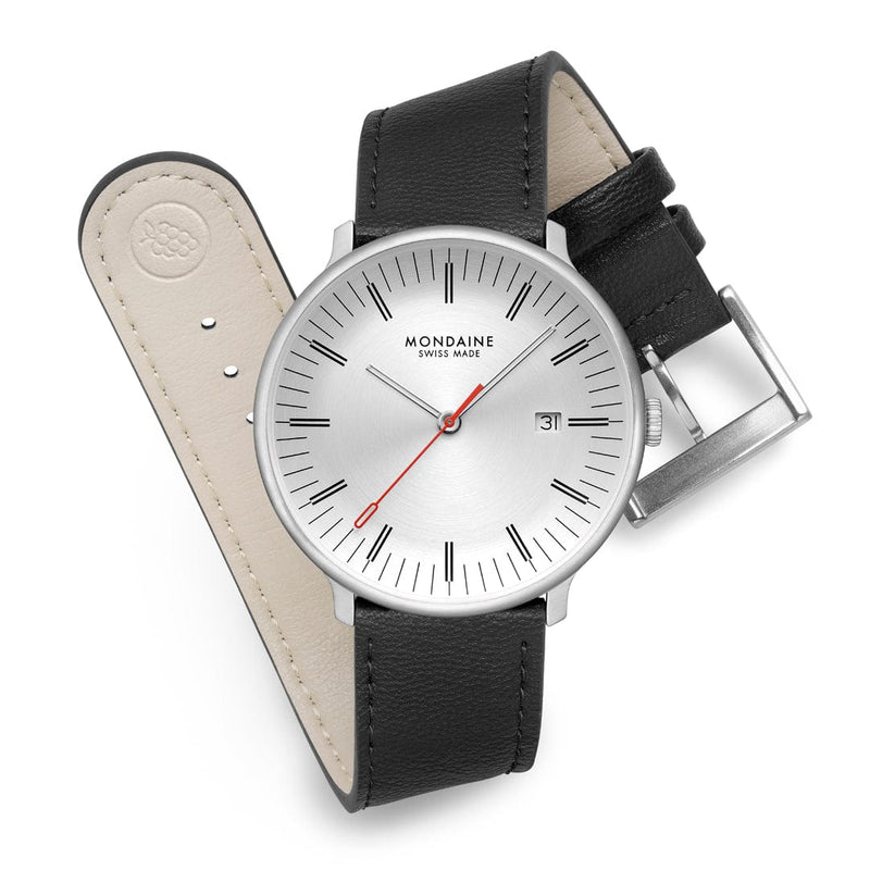 Mondaine Doppio 41mm Black Vegan Grape Leather Watch MLE.41210.LBV