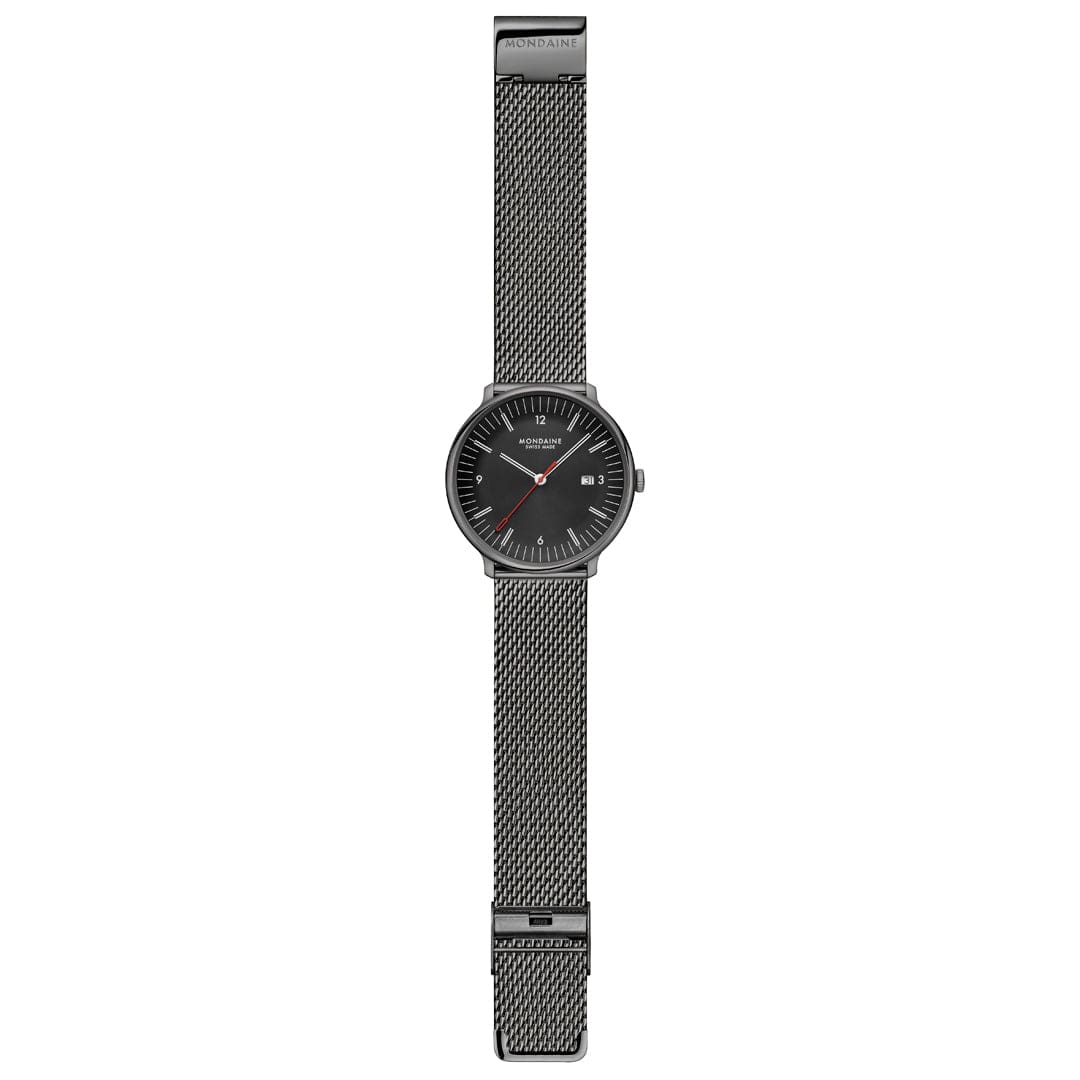 Mondaine Doppio 41mm Black Dial Black Mesh Bracelet Watch MLE.41220.SM
