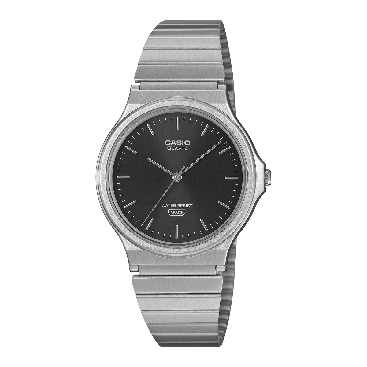 Casio analogue wristwatch with a black sunray dial and stainless steel band.