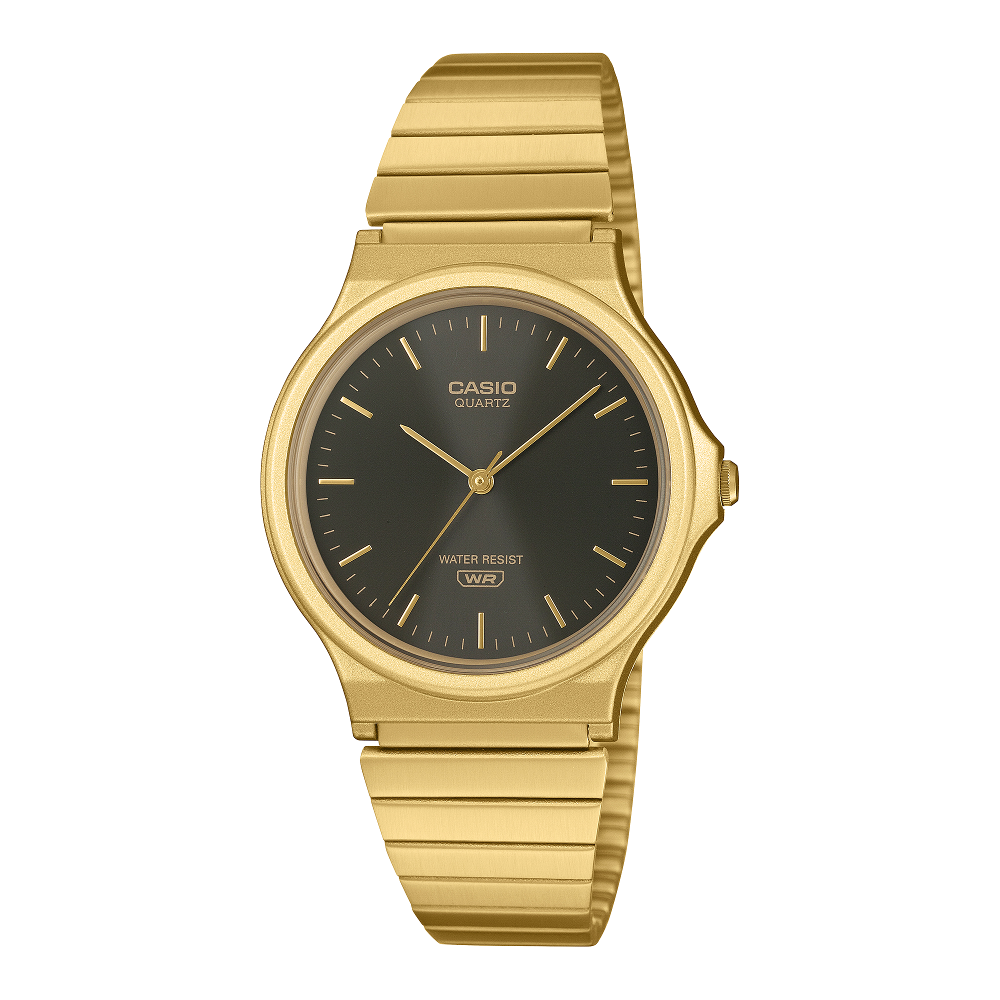 Casio analogue wristwatch with a black dial and gold-tone stainless steel band.