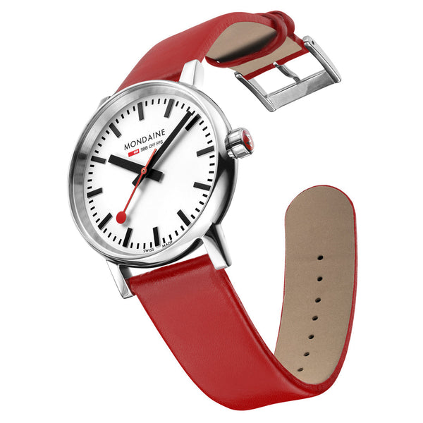 Wristwatch with a white face and red leather strap.