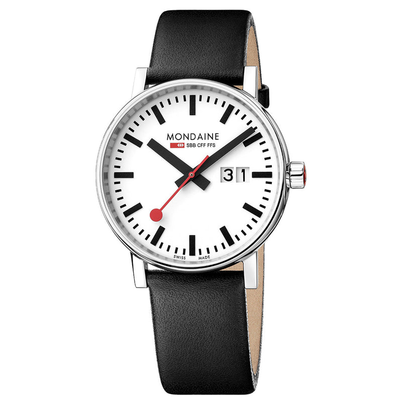 Sleek wristwatch with a white face, black leather strap, and red second hand.