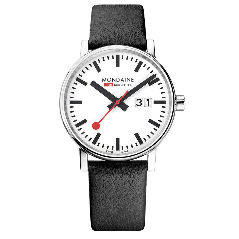 Sleek wristwatch with a white face, red hands, and black leather strap.