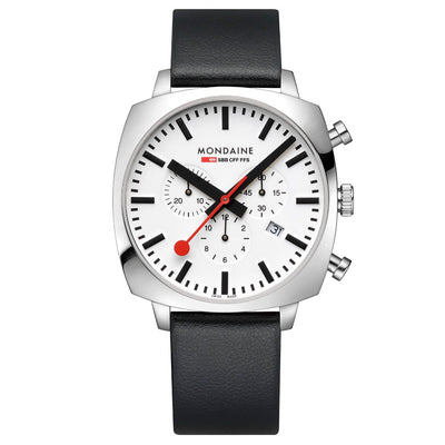 Sleek silver wristwatch with a white dial, black leather strap, and chronograph subdials.