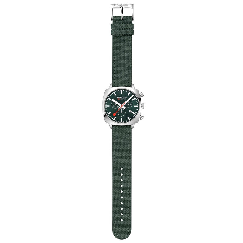 Wristwatch with a green dial and strap, featuring a chronograph function and silver-toned case.