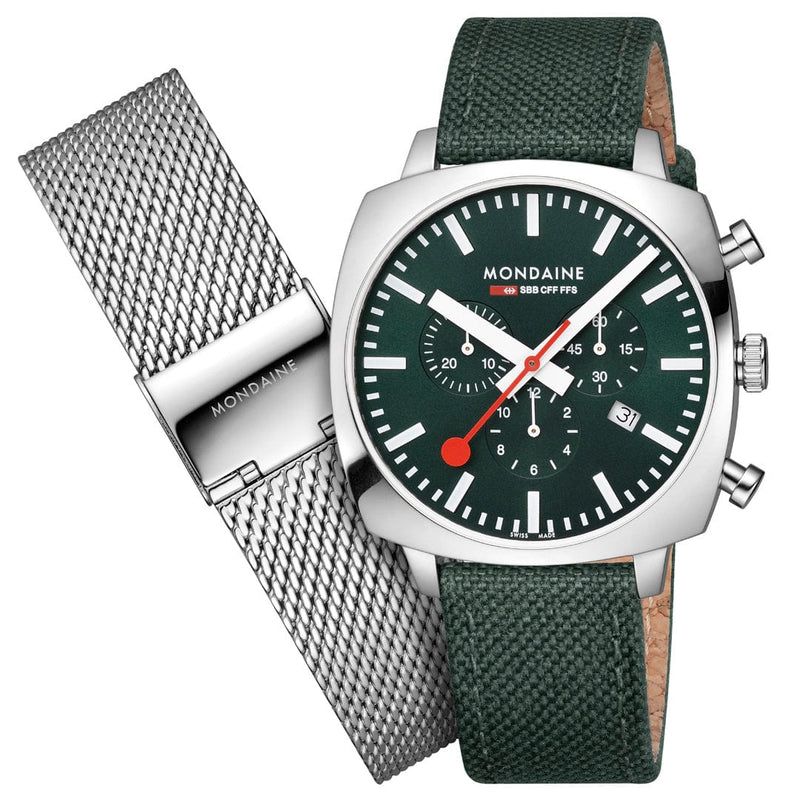 Stylish chronograph wristwatch with a green dial and interchangeable straps.