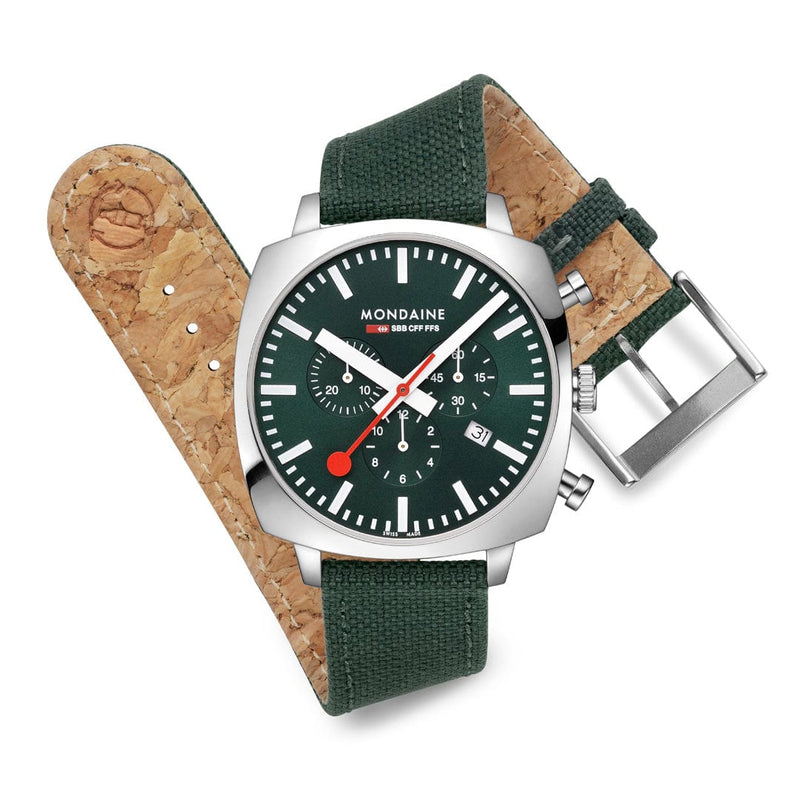 Stylish green-faced wristwatch with a matching green fabric strap and silver case.