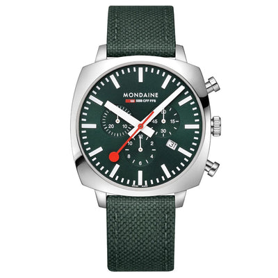 Stylish green-faced chronograph wristwatch with a silver case and matching green fabric strap.