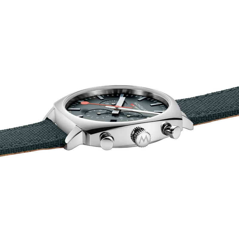 Sleek silver chronograph wristwatch with a green leather strap.