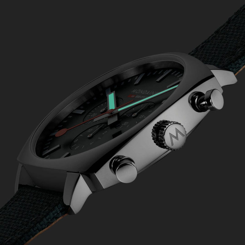 Sleek, modern wristwatch with a dark face and luminous hands.