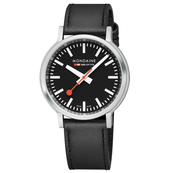 Sleek wristwatch with a black face, white markings, and red hands on a black leather strap.