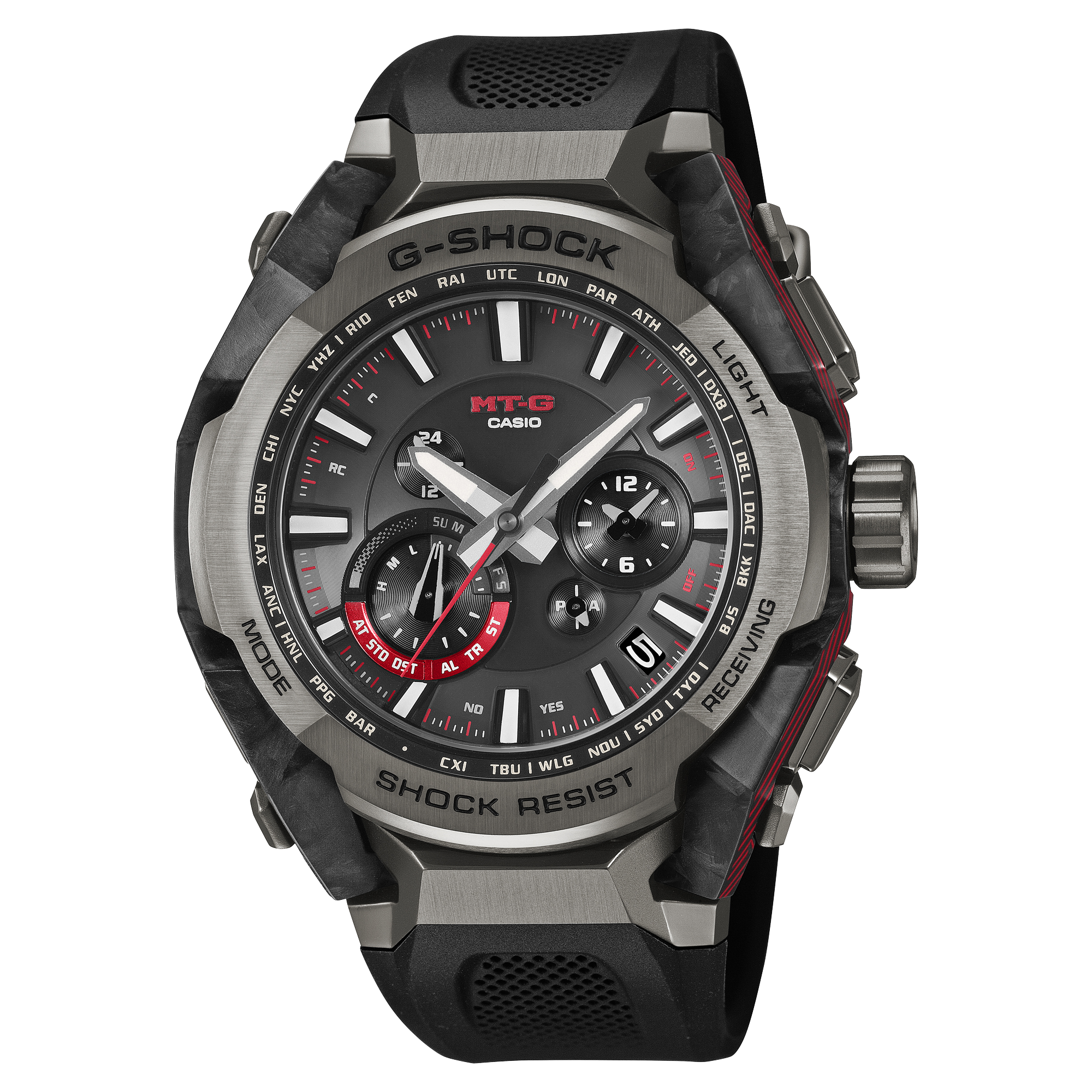 G-Shock MT-G wristwatch with a black carbon and steel case and black resin band.