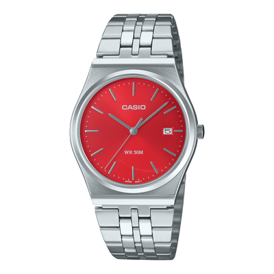 Casio Standard Silver Stainless Steel Red Dial Watch MTPB145D 4A2 Watch Direct