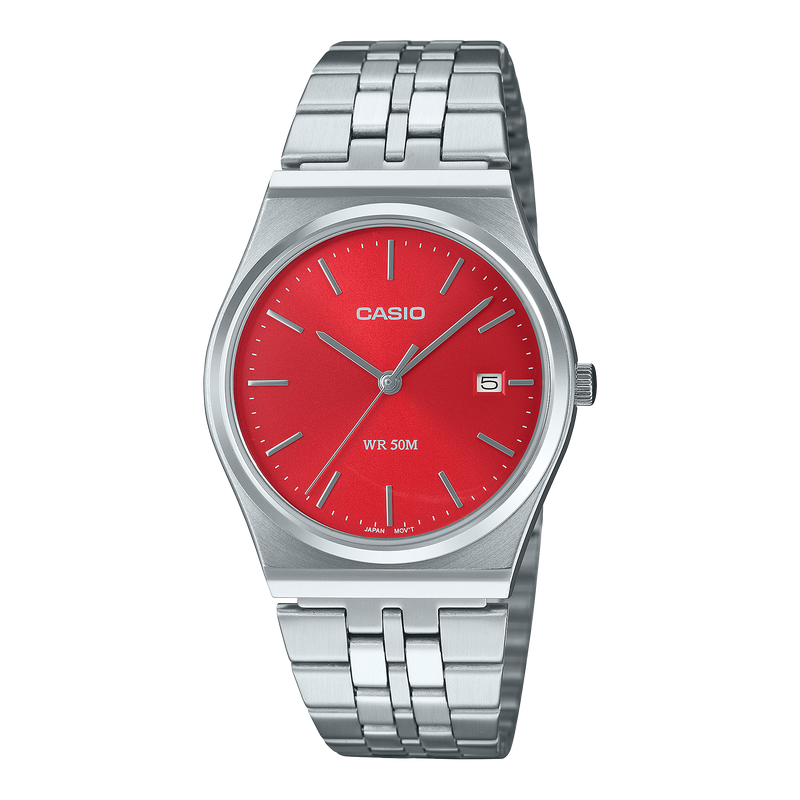 Casio Standard Silver Stainless Steel Red Dial Watch MTPB145D 4A2 Watch Direct