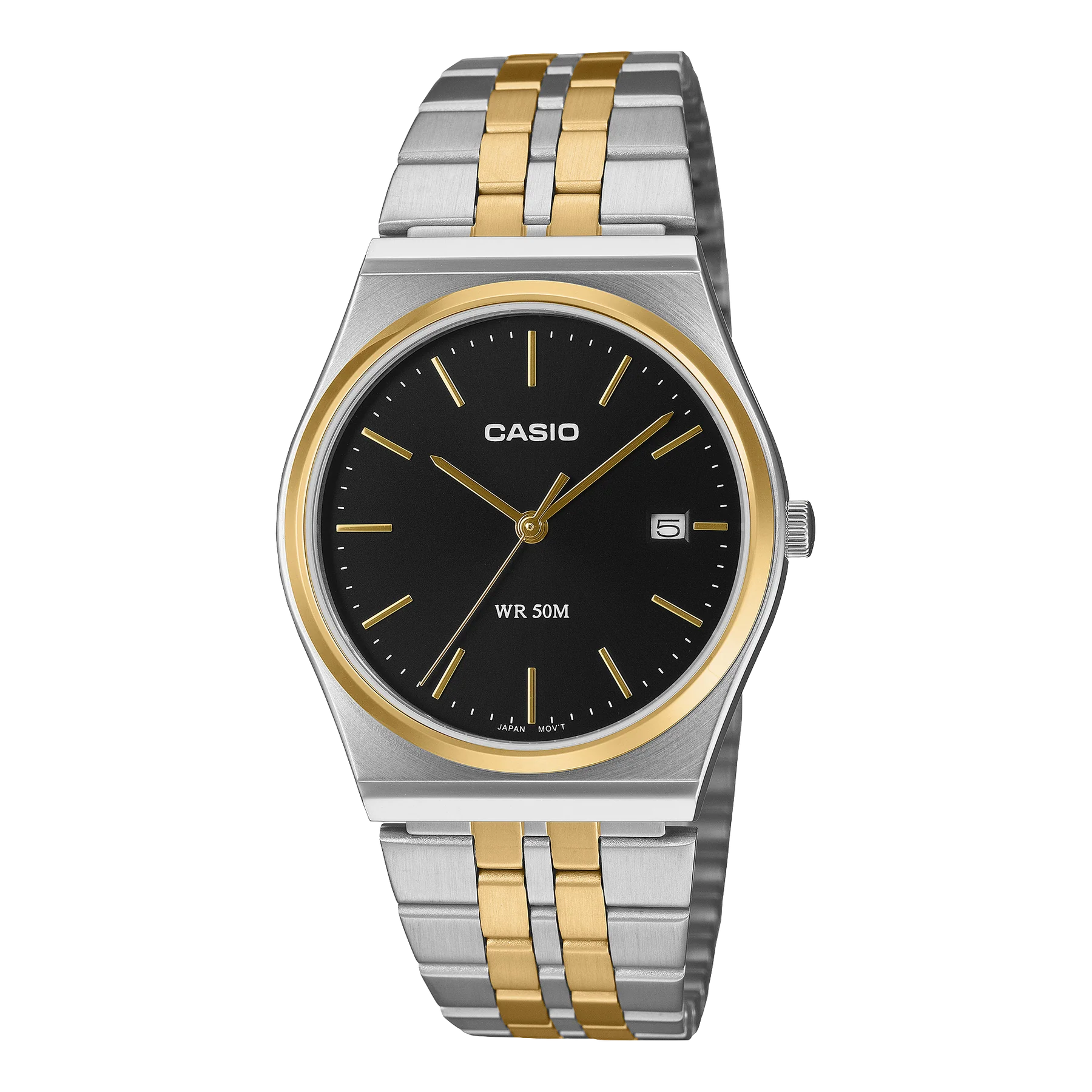 Casio Analog Two Tone Silver and Gold Black Dial Stainless Steel Watch MTPB145SG-1A