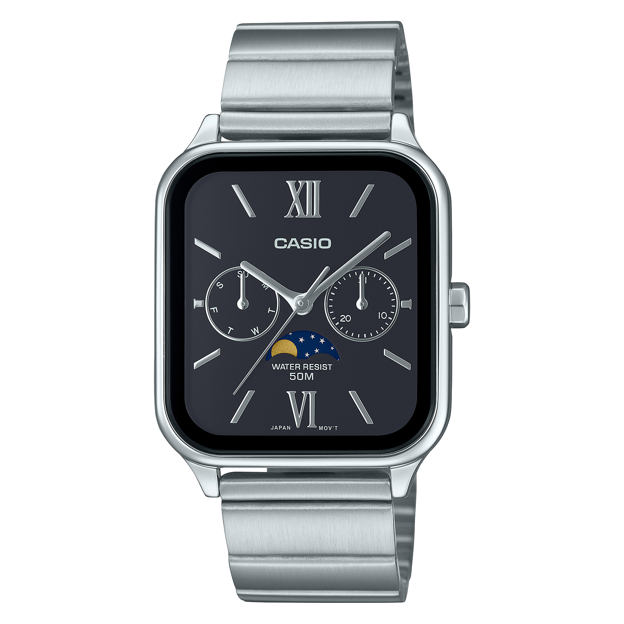 Casio Analogue Moon Phase Black Dial Stainless Steel Watch MTPM305D-1A2