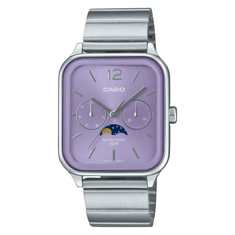 Casio Analogue Moon Phase Pale Purple Dial Stainless Steel Watch MTPM305D-6A