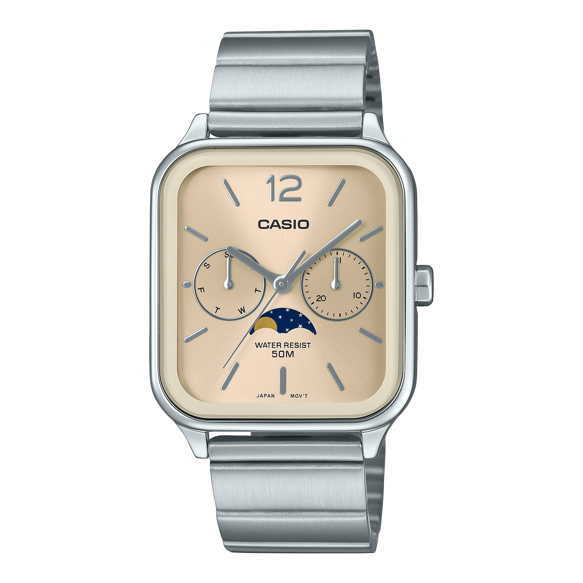 Casio Analogue Moon Phase Gold Dial Stainless Steel Watch MTPM305D-9A