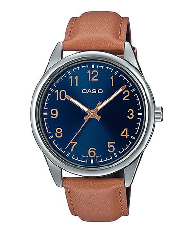 Casio Analog Blue Dial Brown Leather Strap Watch MTPV005L-2B4