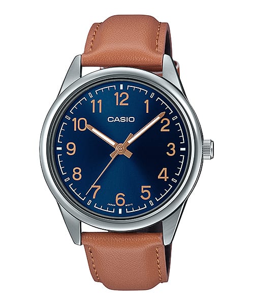 Casio Analog Blue Dial Brown Leather Strap Watch MTPV005L-2B4