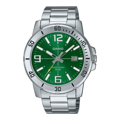 Casio Standard Analogue Green Dial Stainless Steel Watch MTPVD01D-3B