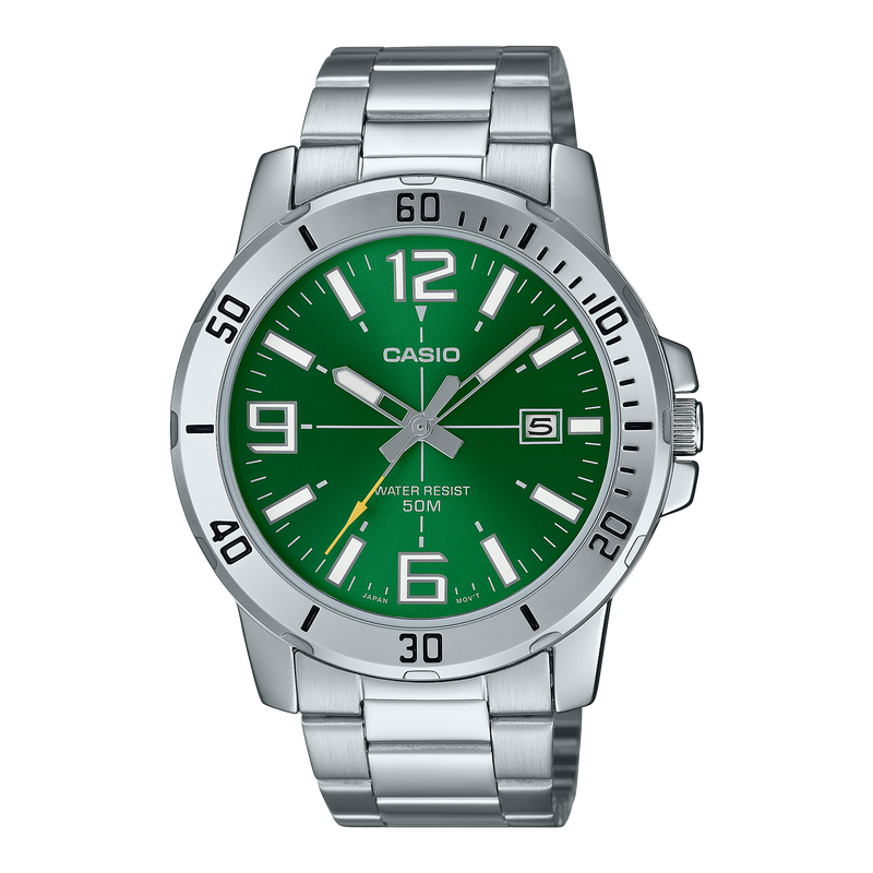 Casio Standard Analogue Green Dial Stainless Steel Watch MTPVD01D-3B