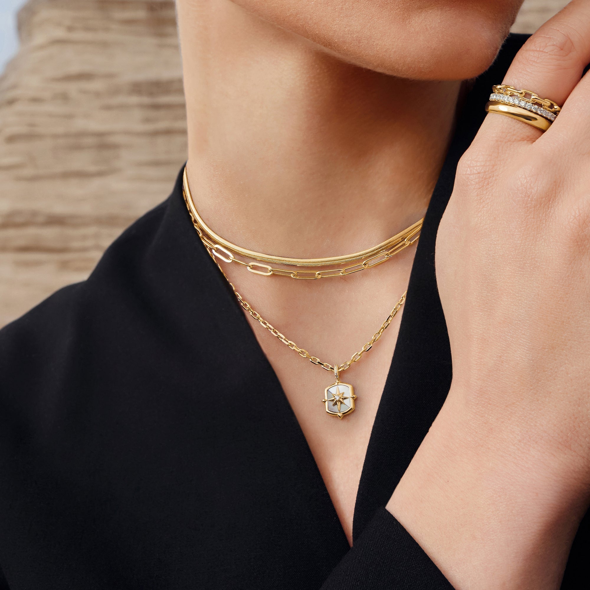 Gold Mother of Pearl Star Necklace Trendy Layered Statement Jewelry