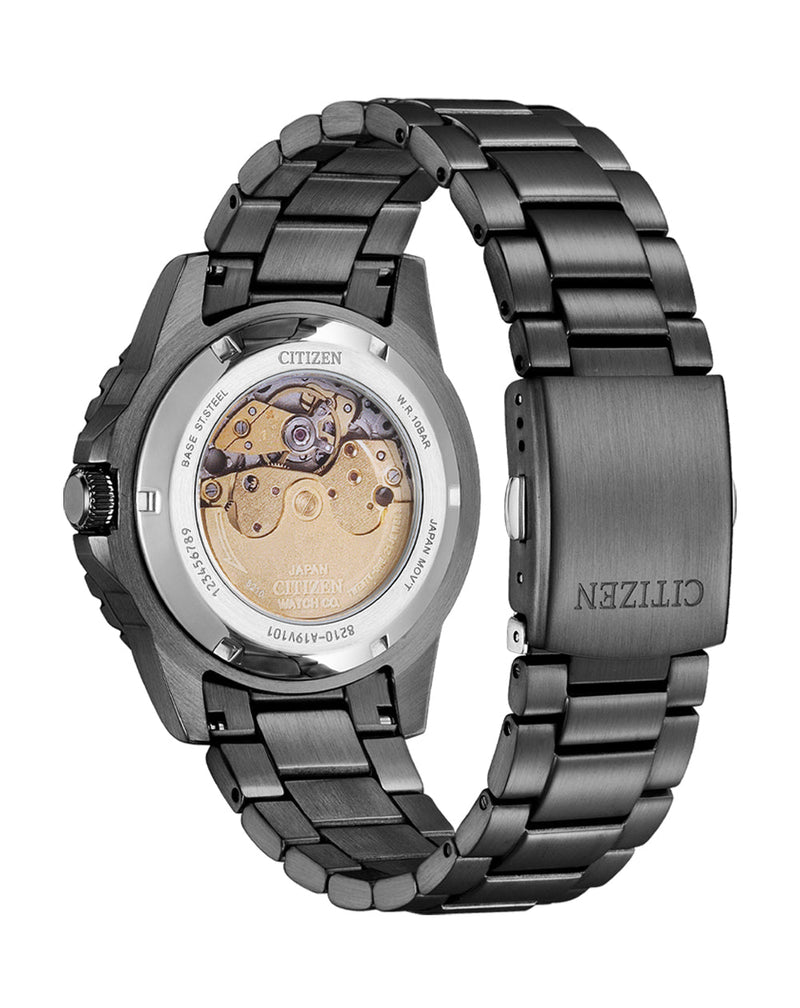 Sleek black wristwatch with a visible mechanical movement through the transparent case back.