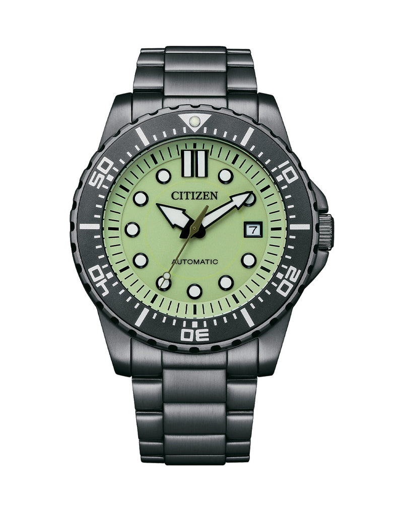 Citizen wristwatch with a light green dial and dark metal bracelet.