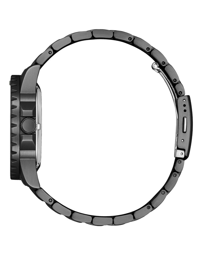 Sleek, dark-colored wristwatch with a metal band and circular face.