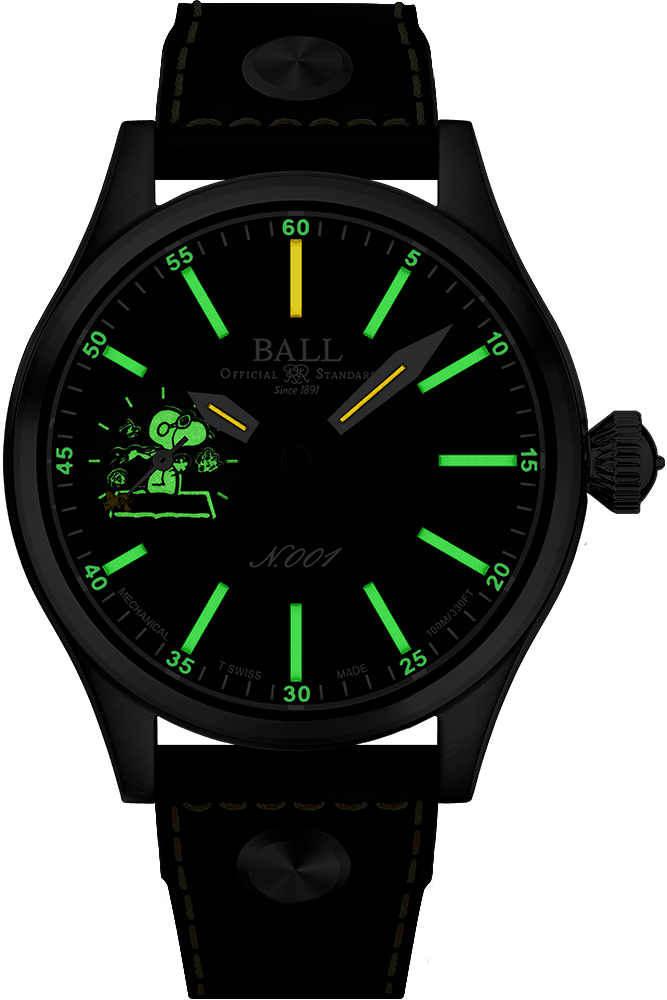 Ball Engineer Master II Snoopy Flying Ace NM2638C-L2J-BK night view showing micro gas tube illumination