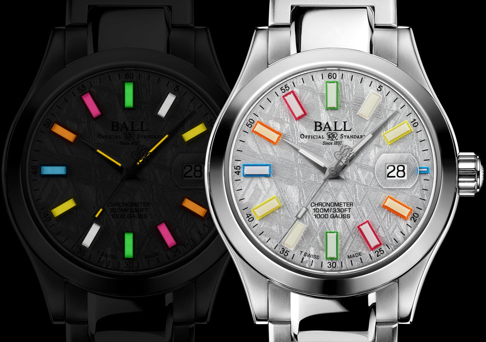 Ball Engineer III Marvelight Chronometer Meteorite watch in silver and black variants, featuring meteorite dials and luminous markers.