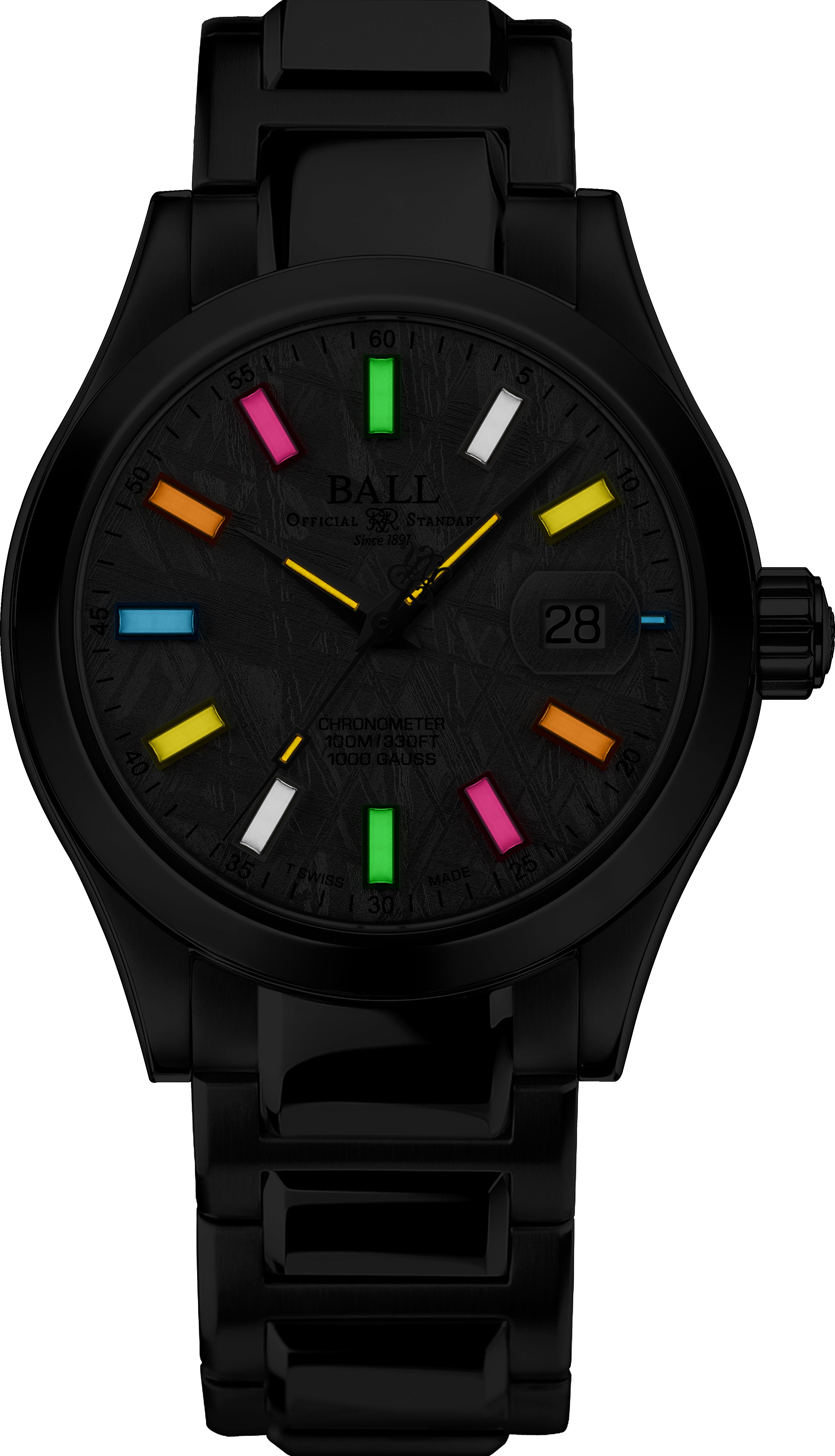 Ball Engineer III Marvelight Chronometer Meteorite watch in black stainless steel with meteorite dial and vibrant luminous markers.