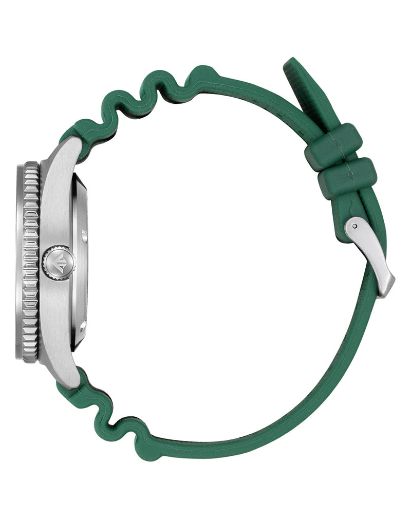 Wristwatch with a green rubber strap and silver-toned case.